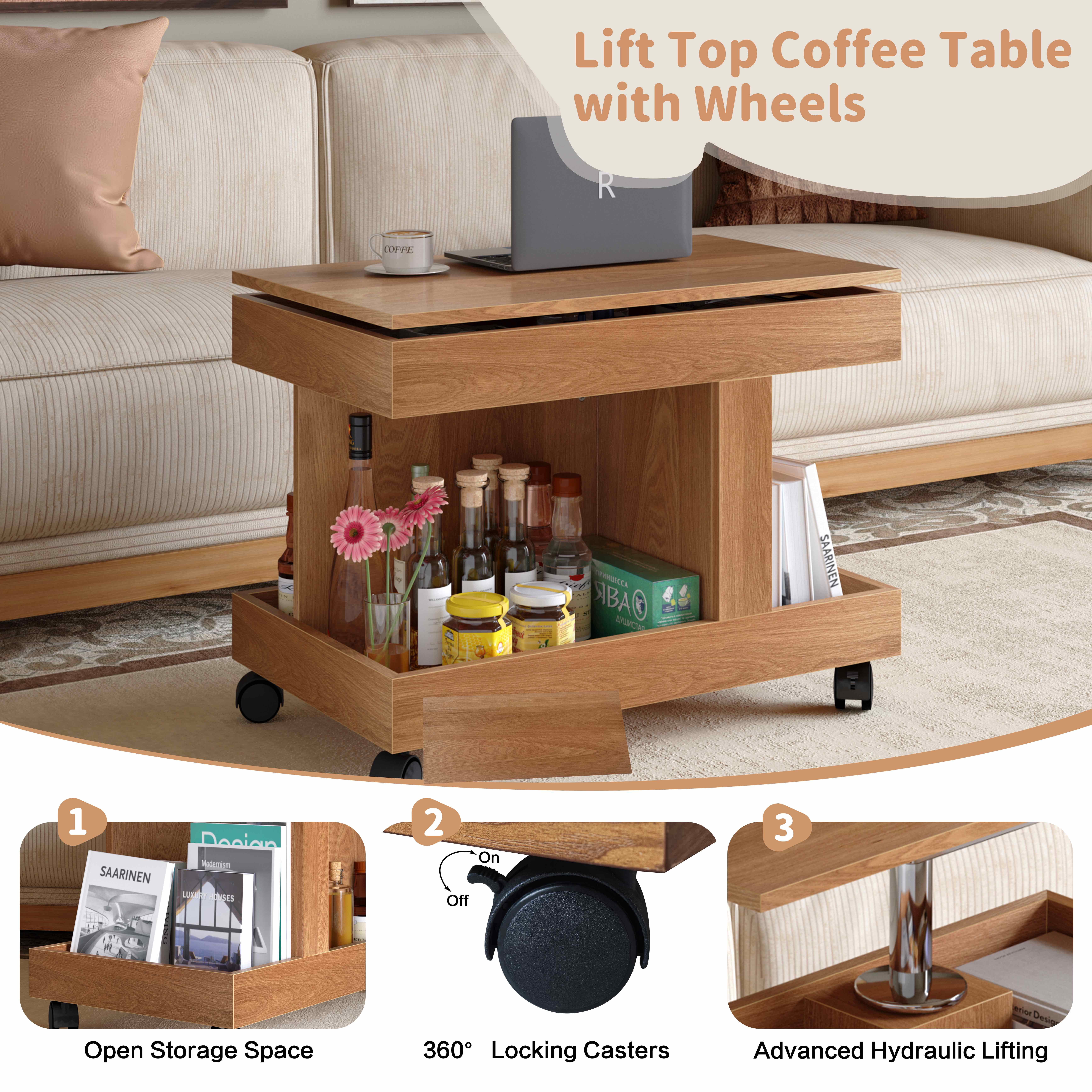 Small Coffee Table with Wheels, 360° Rotating Desktop Multi-Functional Side Table, Rolling End Table with Storage Compartment, Mobile Bedside Table for Living Room Bedroom Home Furniture, Natural