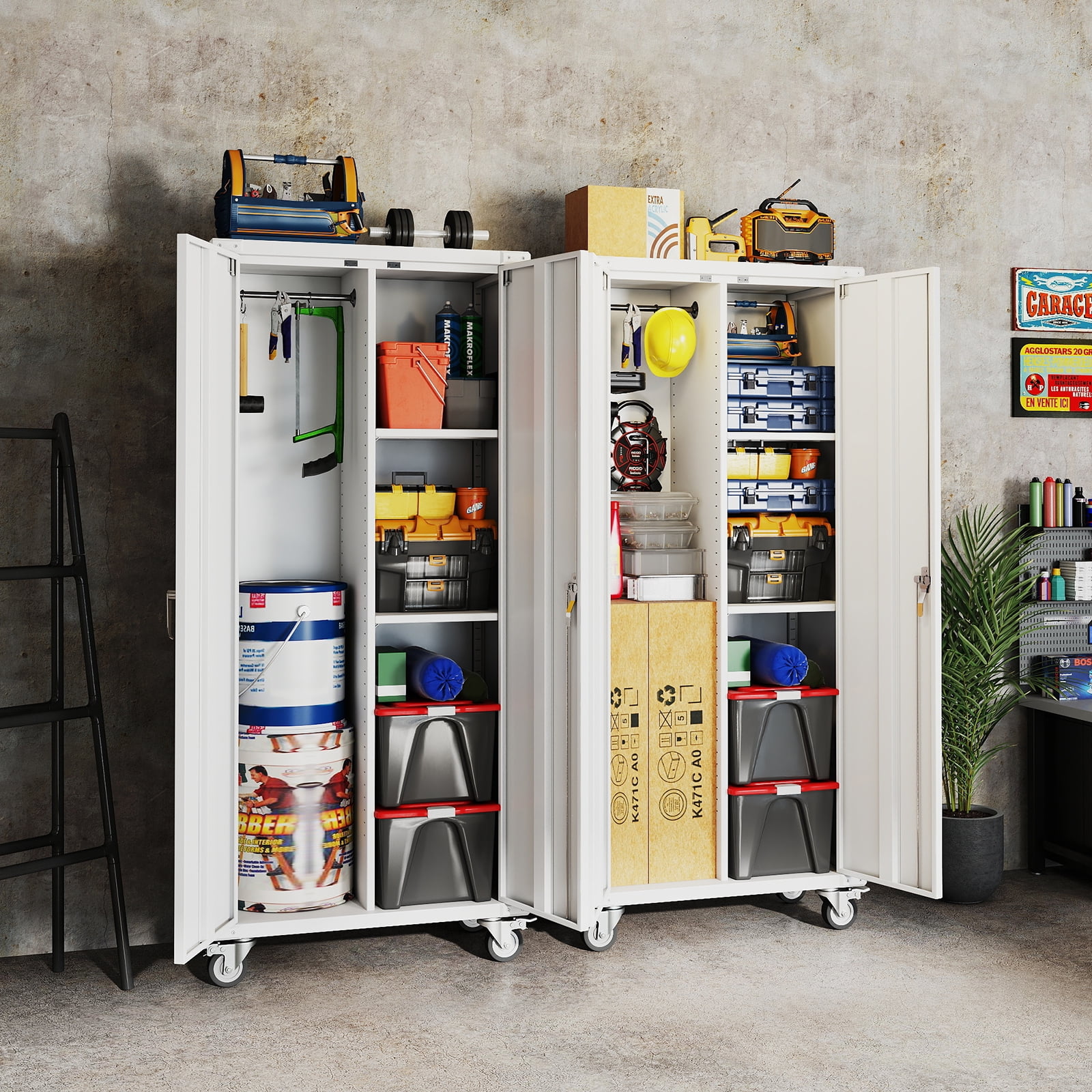 MCQ Metal Broom Storage Cabinet with Lock, Rolling Cleaning Tool Organizer for Mop, Dustpan, Garage, Laundry Room, 4 Lockable Casters, Easy Assembly