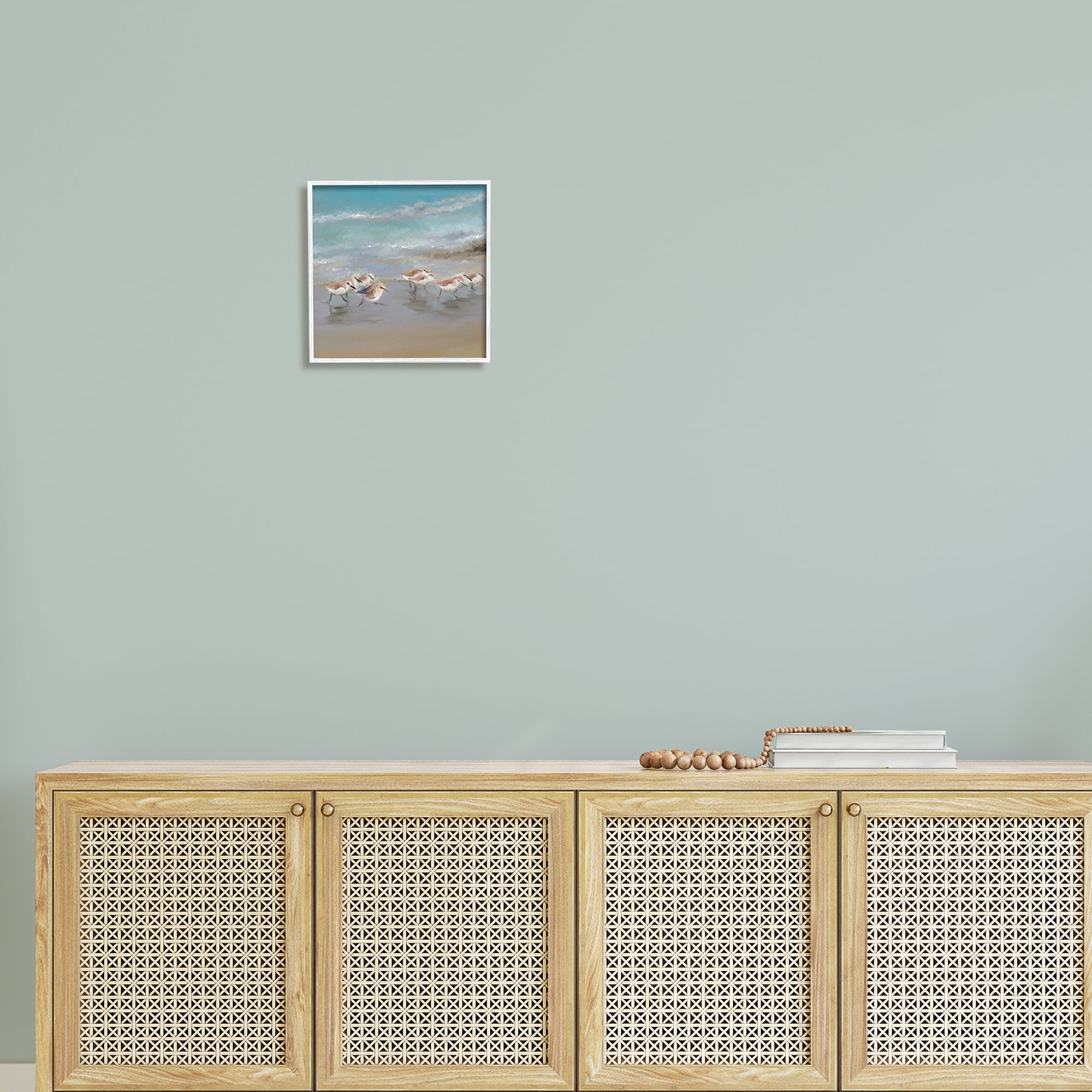 Stupell Coastal Sandpipers Beach Waves Shore Landscape Painting White Framed Art Print Wall Art