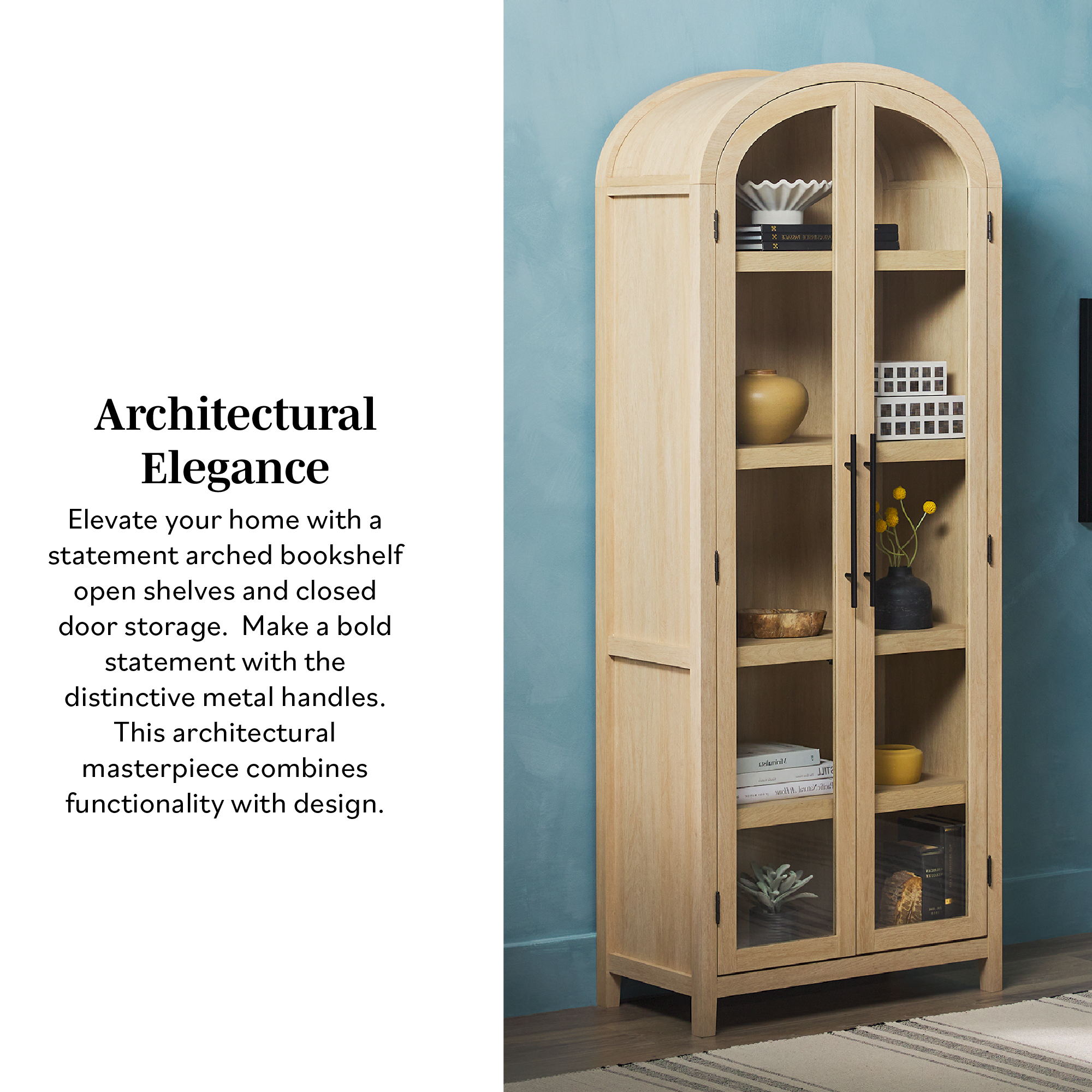 Walker Edison Modern Arched Bookcase with Glass Doors, Coastal Oak