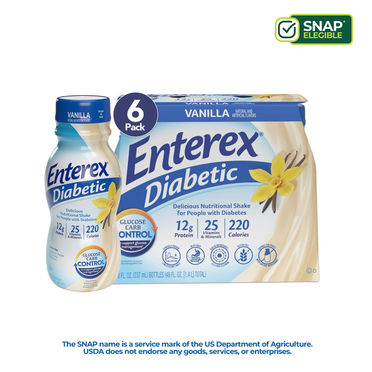(2 pack) Enterex Diabetic Nutritional Meal Replacement Shake,for People with Diabetes, Vanilla,8 fl oz,6 Pack