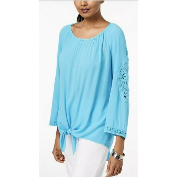 JM Collection Textured Blouse Crochet-Trim Tie Front Top Reef Aqua Size PL
