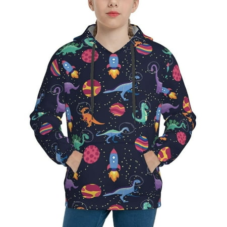 Yiaed Space Dinosaur Print Boys Girls Hoodies Novelty Sweatshirt Fall Winter Pullover with Pocket-X-Large