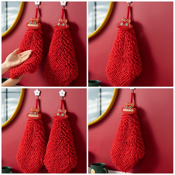 LITINKIMI 2Pcs Fast Drying Chenille Kitchen Hand Towel Red Water Absorbent Hanging Design