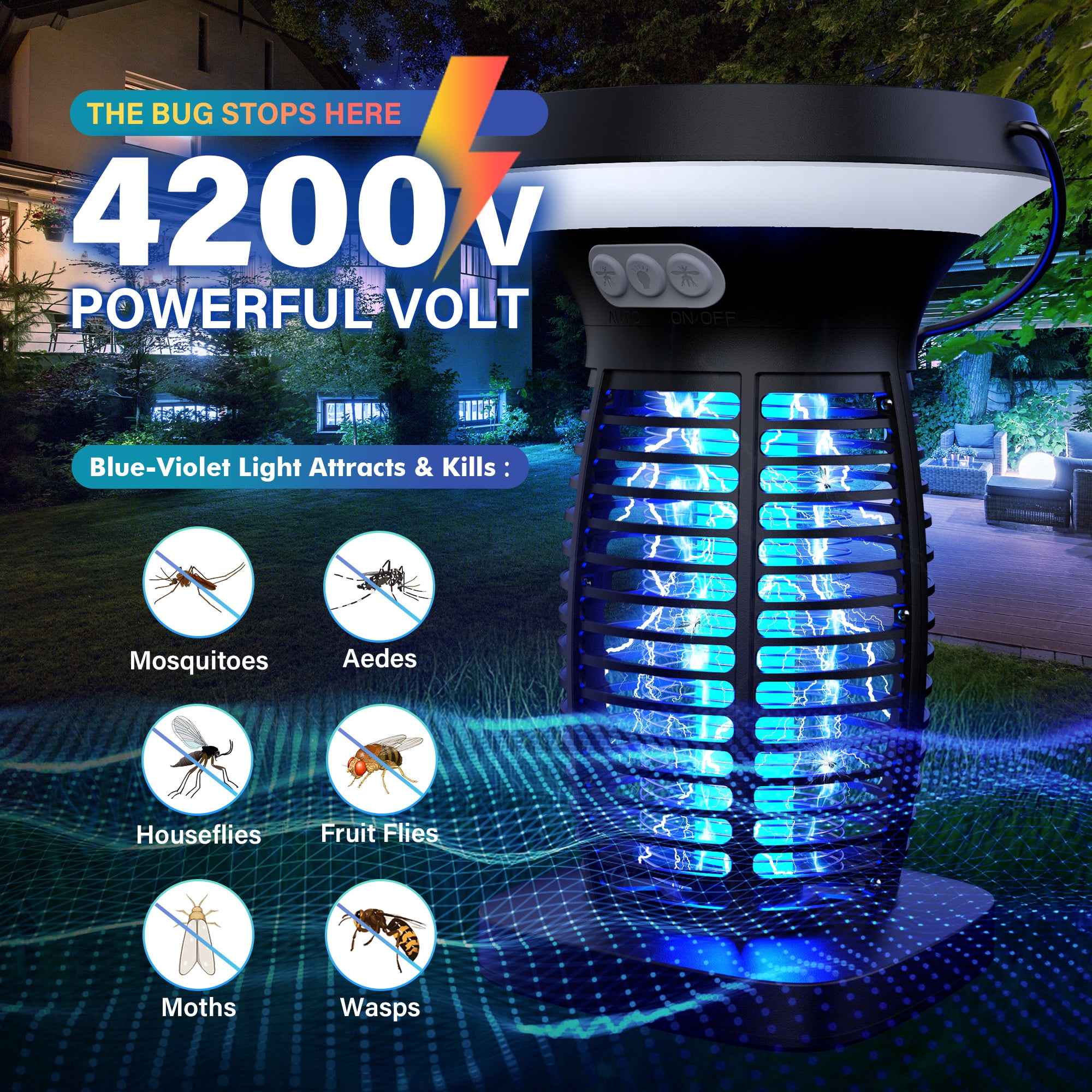 Reppiss  Solar Bug Zapper, Mosquito Killer Lamp, Waterproof 4200V Electric Trap  for Outdoor Patio and Camping