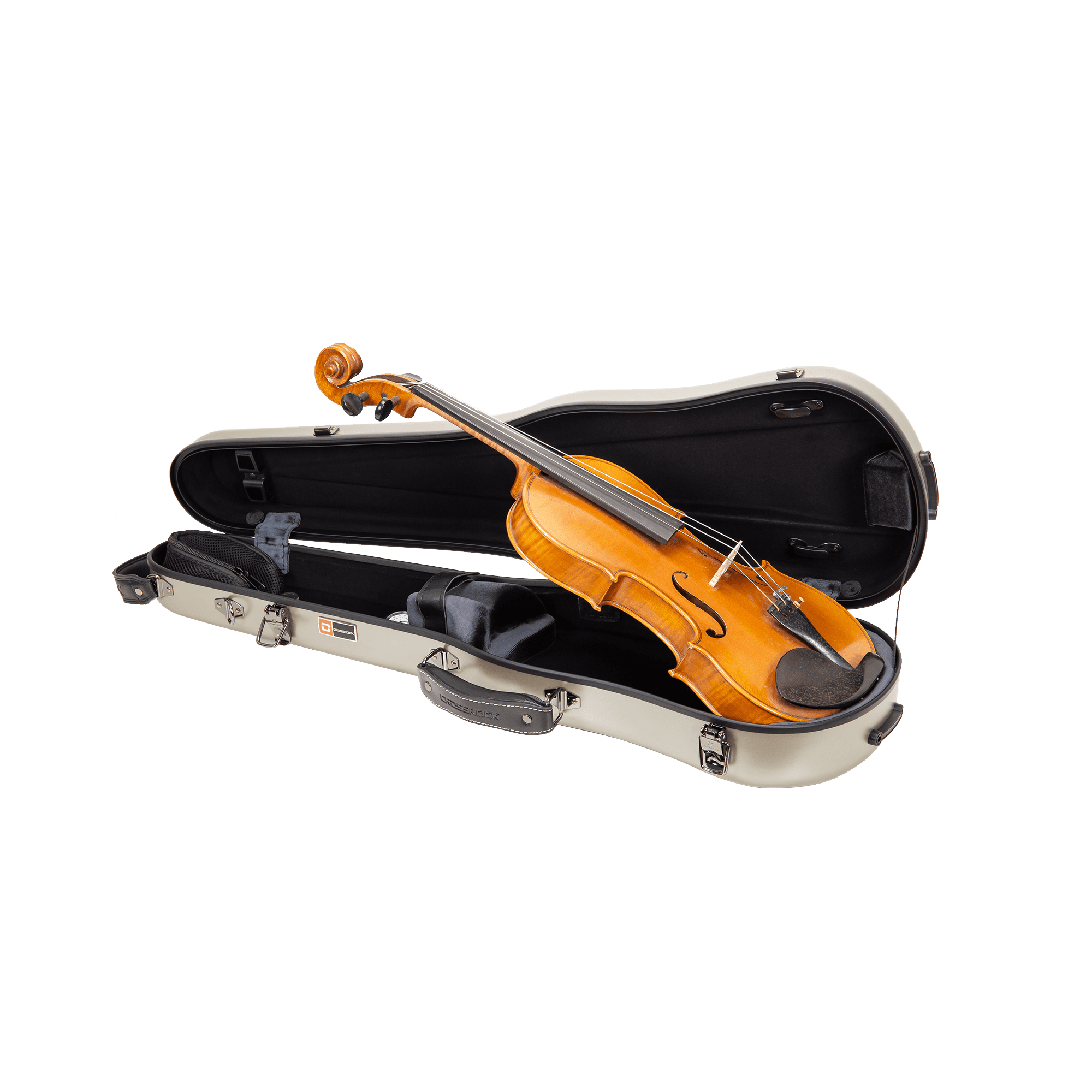 Crossrock Poly Carbon Shaped Case fits 4/4 Full-Size Violin, Includes Protective Blanket, Hygrometer, Accessory Pocket, Detachable Straps -Champagne
