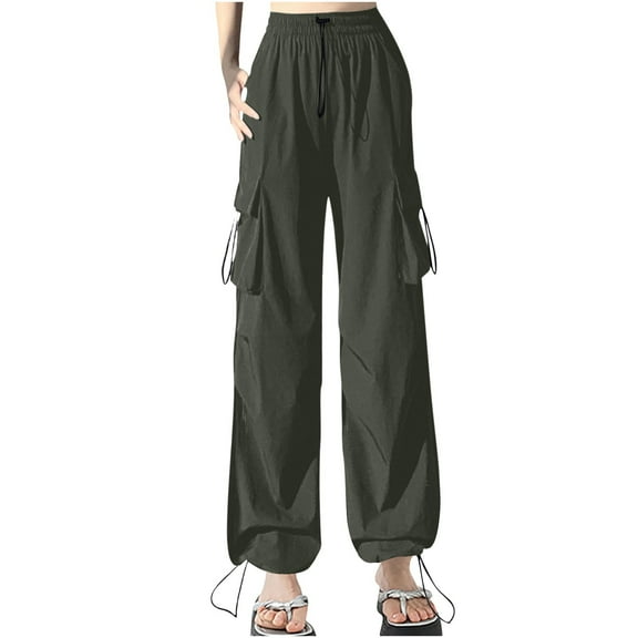 MELDVDIB Womens Cargo Travel Pants Baggy Drawstring Waist Wide Leg Pants Fashion Casual Solid Color Light Weight Lounge Trousers with Pocket Army Green M