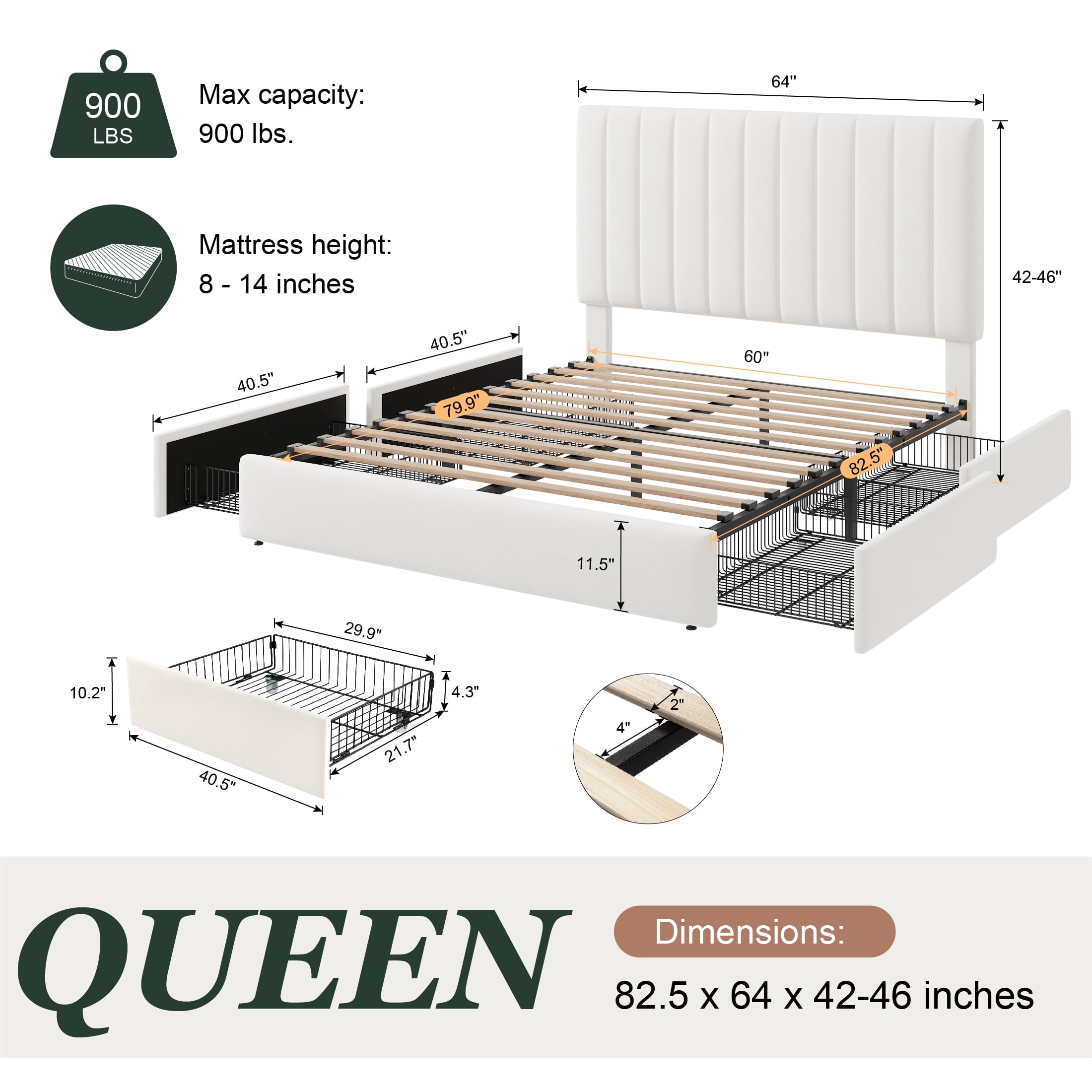 Amolife Queen Bed Frame, Platform Bed with Adjustable Velvet-Wrapped Headboard and 4 Storage Drawers, No Box Spring Required, White