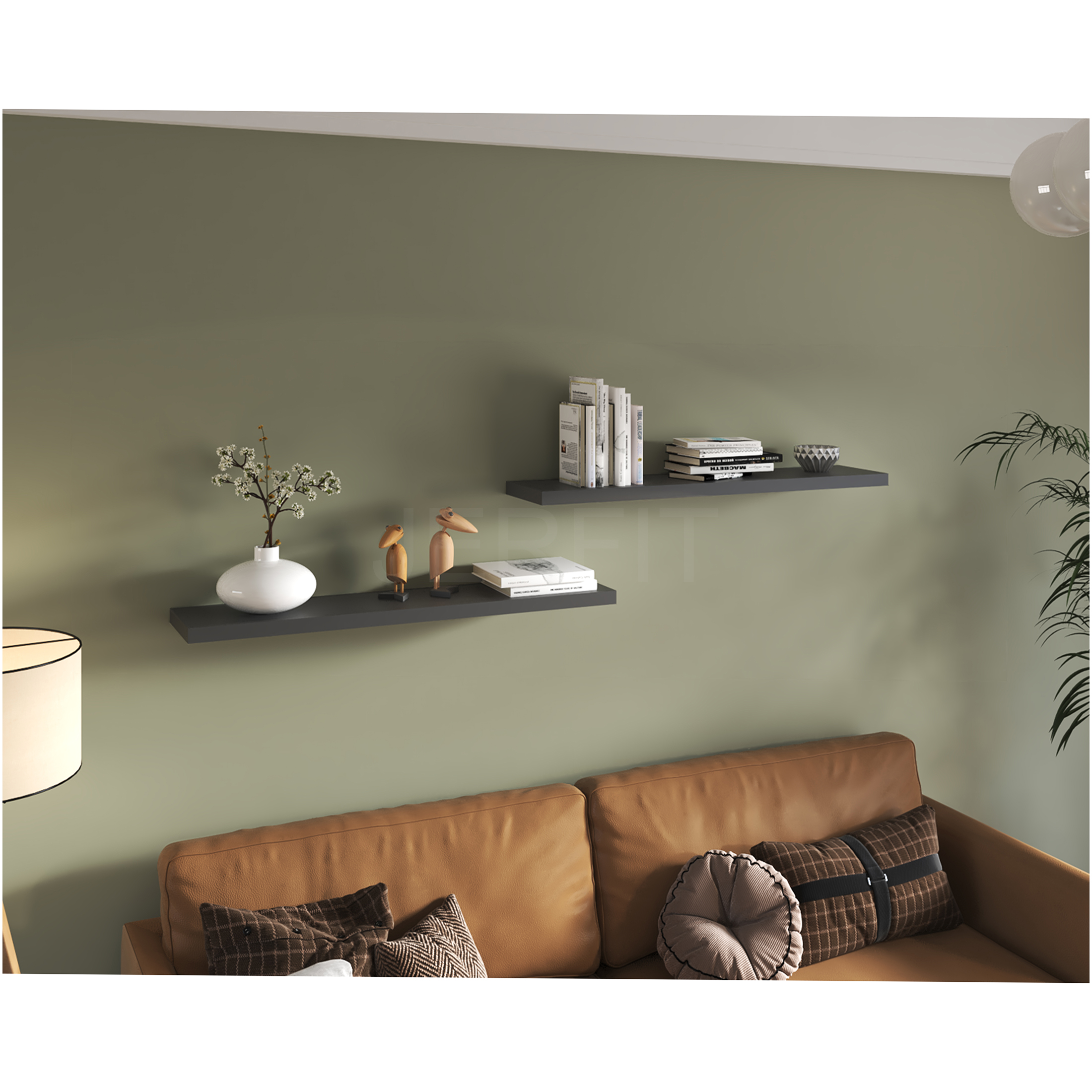 JERFIT 47 inch Floating Shelves Set of 2, Modern Wall Mounted Shelves for Living Room, Bedroom, Bathroom, Hidden Brackets, Heavy Duty MDF, Space Saving Storage Display Shelves in Grey