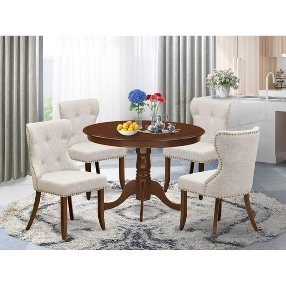 East West Furniture East-West Furniture HLSI5-MAH-35 - A dining room table set of 4 wonderful dining chairs using Linen Fabric Doeskin color and an attractive dinner table with Mahogany Finish