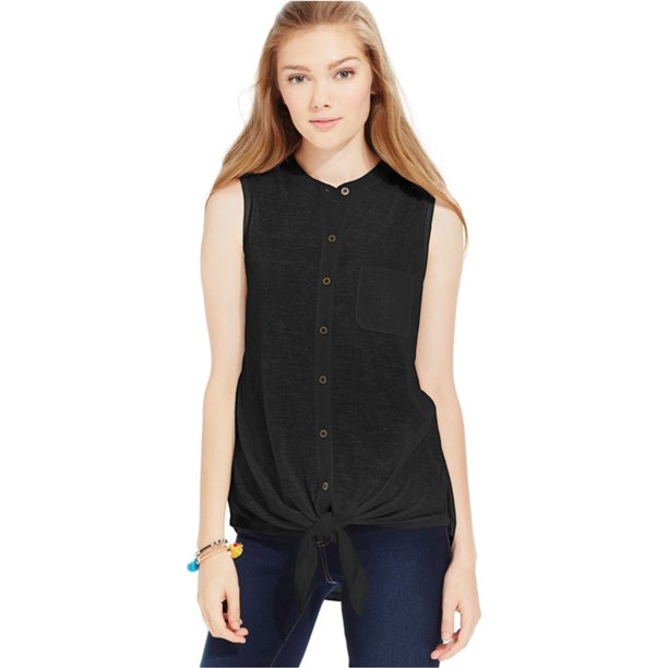 Almost Famous Blusa con botones y dobladillo para mujer, negra, pequeña