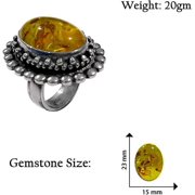Real 925 Sterling Silver Cocktail Ring for Men Women, Genuine Amber Gemstone Finger Ring, Handmade Ethnic Design Filigree, Fashion Jewelry for Gifts, Size 8