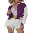 thumbnail image 4 of CenturyX Women Long Sleeve Cropped Baseball Jacket Color Block Button Down Front Open Fashion Bomber Jacket Coat Purple M, 4 of 7