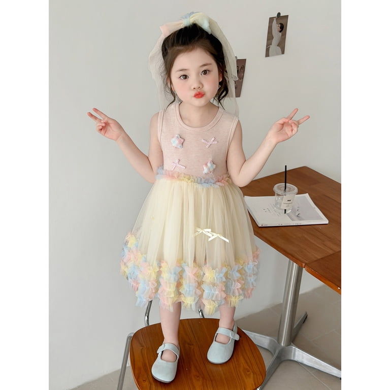 WEIWEN Little Girls Dresses Rainbow Ruffled Birthday Party Graduation Ceremony Pageant Festival Holiday Dress Toddler Girl Clothes 1-9 Years Pink, 4-5 