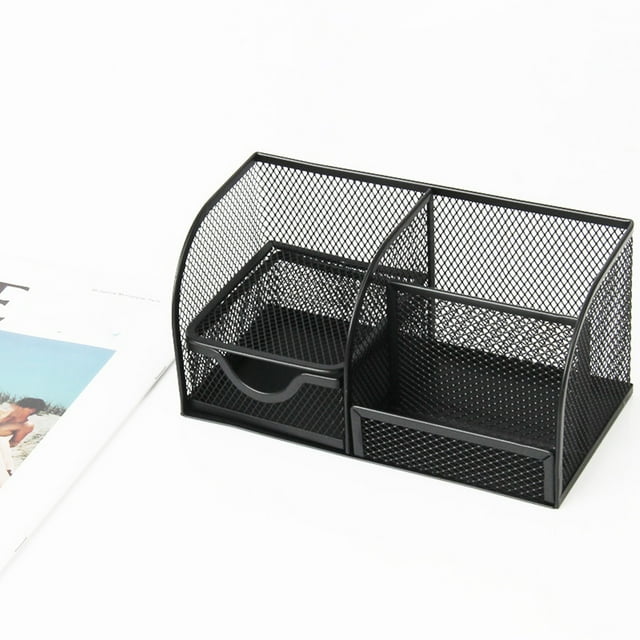 Fiudx Organizador de Escritorio de Malla de Acero, 4 Compartimentos con Cajón Deslizante, Diseño Compacto, Revestimiento Resistente a La Oxidación, Ideal para El Hogar y La Oficina, Acabado Negro Mod