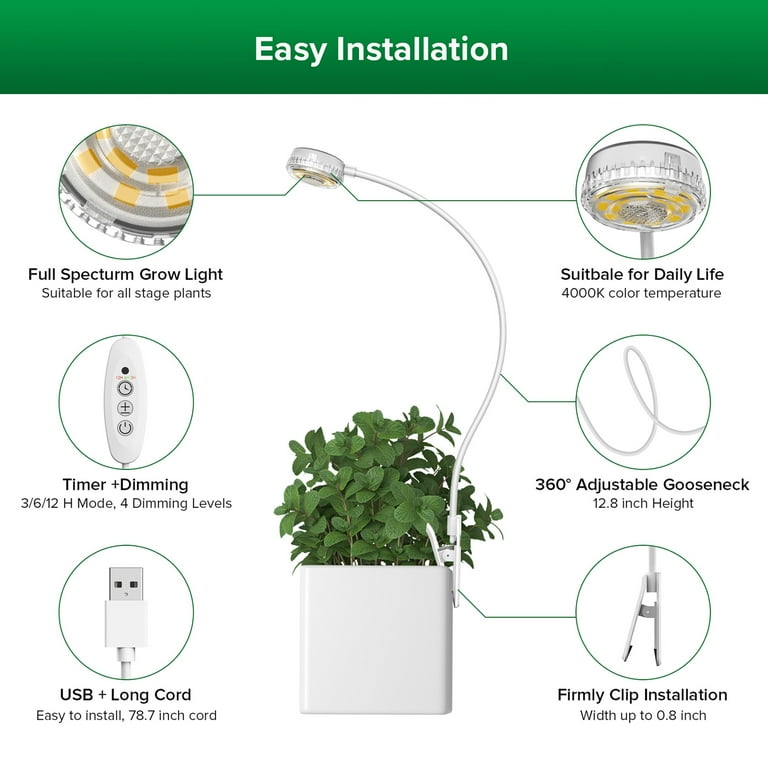 Sansi 5W LED Grow Lights, Full Spectrum White Pot Plant Light with Timer, Flexible Gooseneck, 3-Pack