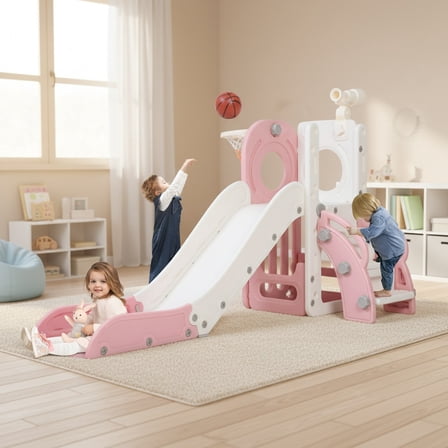 Nyeekoy 6-In-1 toddler slide indoor, freestanding slides for toddlers 1-3, kids slide Climber with Basketball Hoop,Outdoor Playset Indoor Playground, Age 1-6