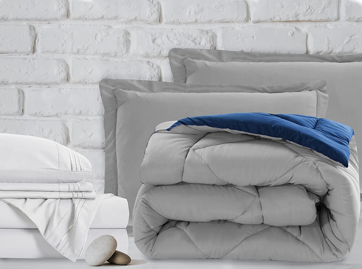 Elegant Comfort 7-Piece Bed-in-a-Bag Comforter and Sheet Set- 1500 Series 7-Piece Queen Size Bed-in-a-Bag, Bed Sheets and Comforter Set, Wrinkle and Stain Resistant, Silver/Navy