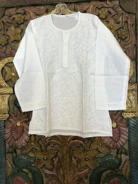 Mogul Women Bohemian Pure Cotton Hand Embroidered White Tunic Blouse Ethnic Style Summer Fashion Kurti Dress XS