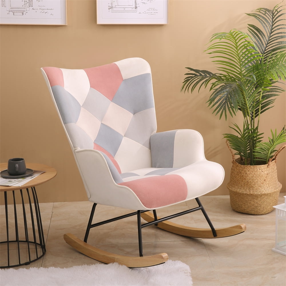 Rocking Chair for Nursery, Modern Patchwork Linen Upholstered Accent