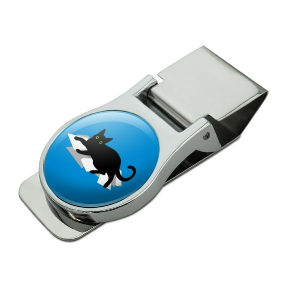 Black Cat Lying on Papers Satin Chrome Plated Metal Money Clip
