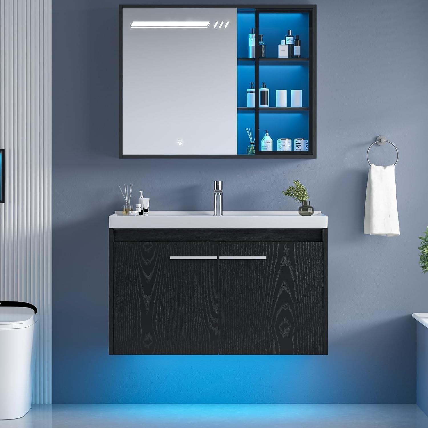 DreamCurship 31” Bathroom Vanity with Sink, Floating Bathroom Vanities with Adjustable LED Light, Bathroom Sink Cabinet with 2 Doors, Black