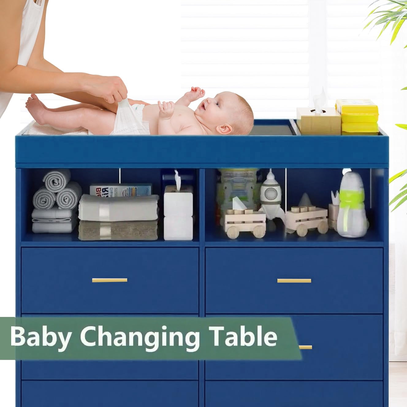 Dresser for Bedroom with 6 Drawers, Multi-Functional Nursery Dresser with LED Lights & Charging Station,Baby Changing Table Table with Diaper Changing Station