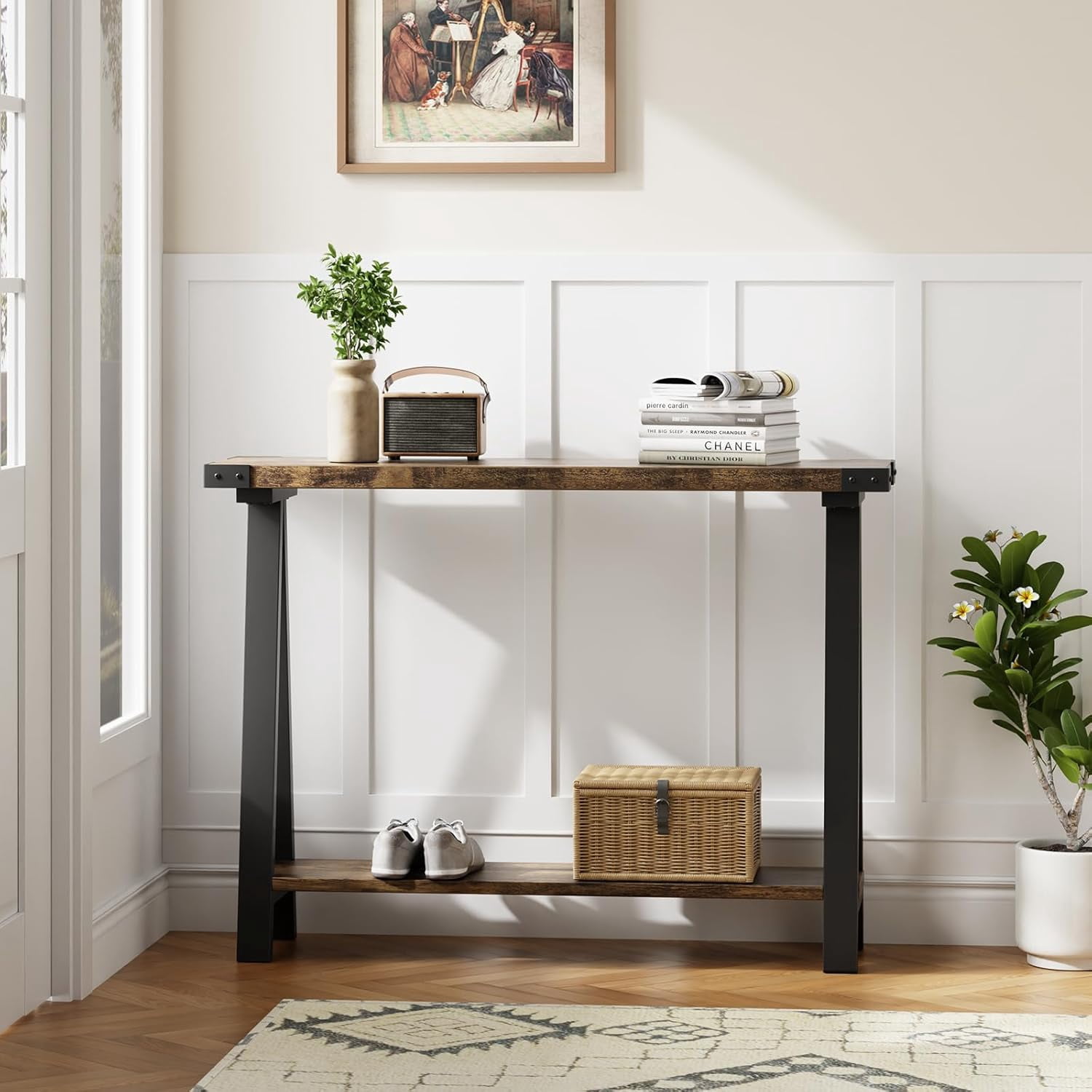 Farmhouse Narrow Entryway Table, 43.3" Console Table with Storage, 2 Tier Sofa Table with Metal Frame and MDF, Narrow Console Table for Living Room, Hallway, Entryway-Rustic Brown