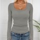 thumbnail image 1 of MHFRRA Camiseta Básica de Punto Acanalado para Mujer, Cuello Cuadrado, Manga Larga, Moda de Otoño, Informal, Elástica, Cómoda, para Niñas y Adolescentes Gris Claro, 1 of 4