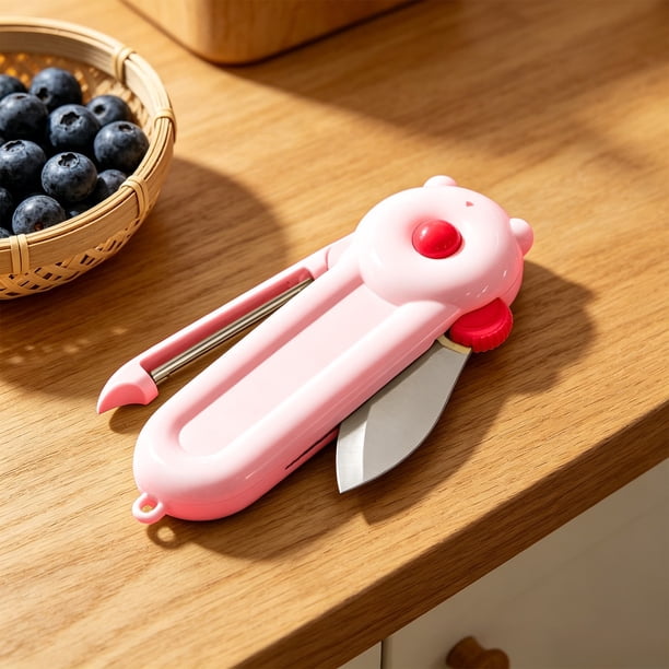 Pelador de cocina y cuchillo para frutas dos en uno con succión magnética, acero inoxidable, plegable, multifuncional, incluye orificio para colgar, disponible en rosa, blanco, café.