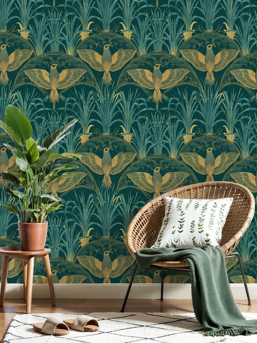 Vintage Peel and Stick Wallpaper Botanical Birds Ornamental Foliage Teal Gold Wall Mural 17.7in x 9.8ft Self Adhesive Removable Wall Paper Renter Friendly Wallpaper for Nursery Bedroom Cabinets