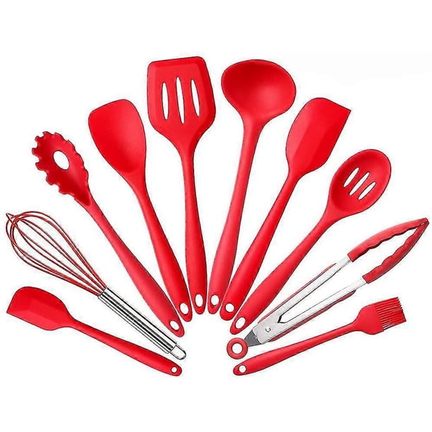 10 Piece BPA Free Silicone Kitchen Utensil Set Contains 2 Scrapers Soup Spoon Soup Ladle Spatula Spaghetti Ladle Serving Spoon Whisk Grill Tongs S (Re