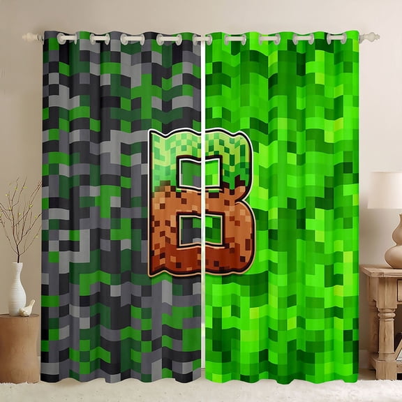 Castle Fairy Pixelated Miners Letter B Black Out Curtains for Kids,Gaming Blocks Curtains Pack of 2 (42x63 Each)