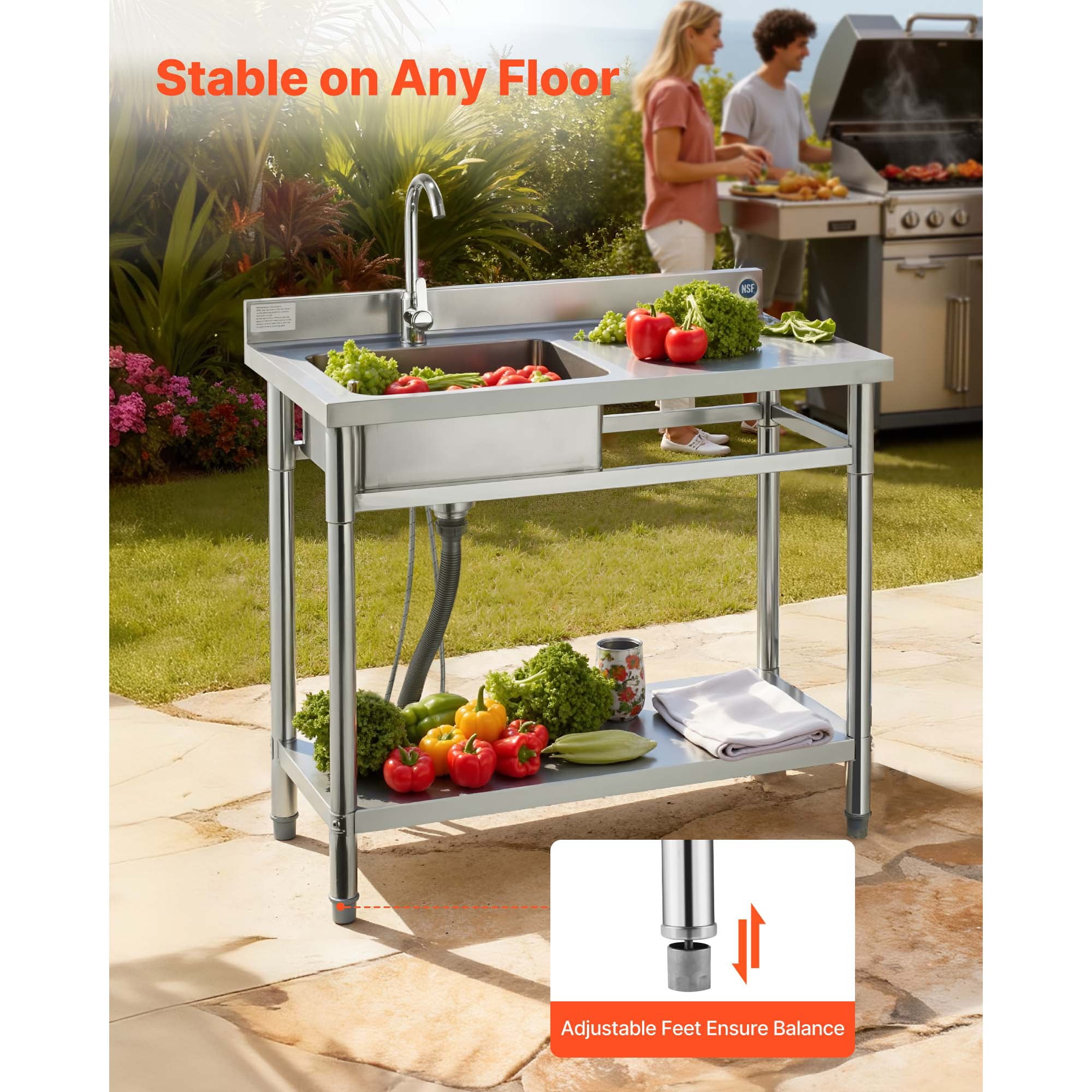 KFFKFF Stainless Steel Utility Sink, Free-Standing Single Bowl Commercial Kitchen Sink, 39.4" x 19.7" x 37", SUS201 Stainless Steel, Black, 1 Unit
