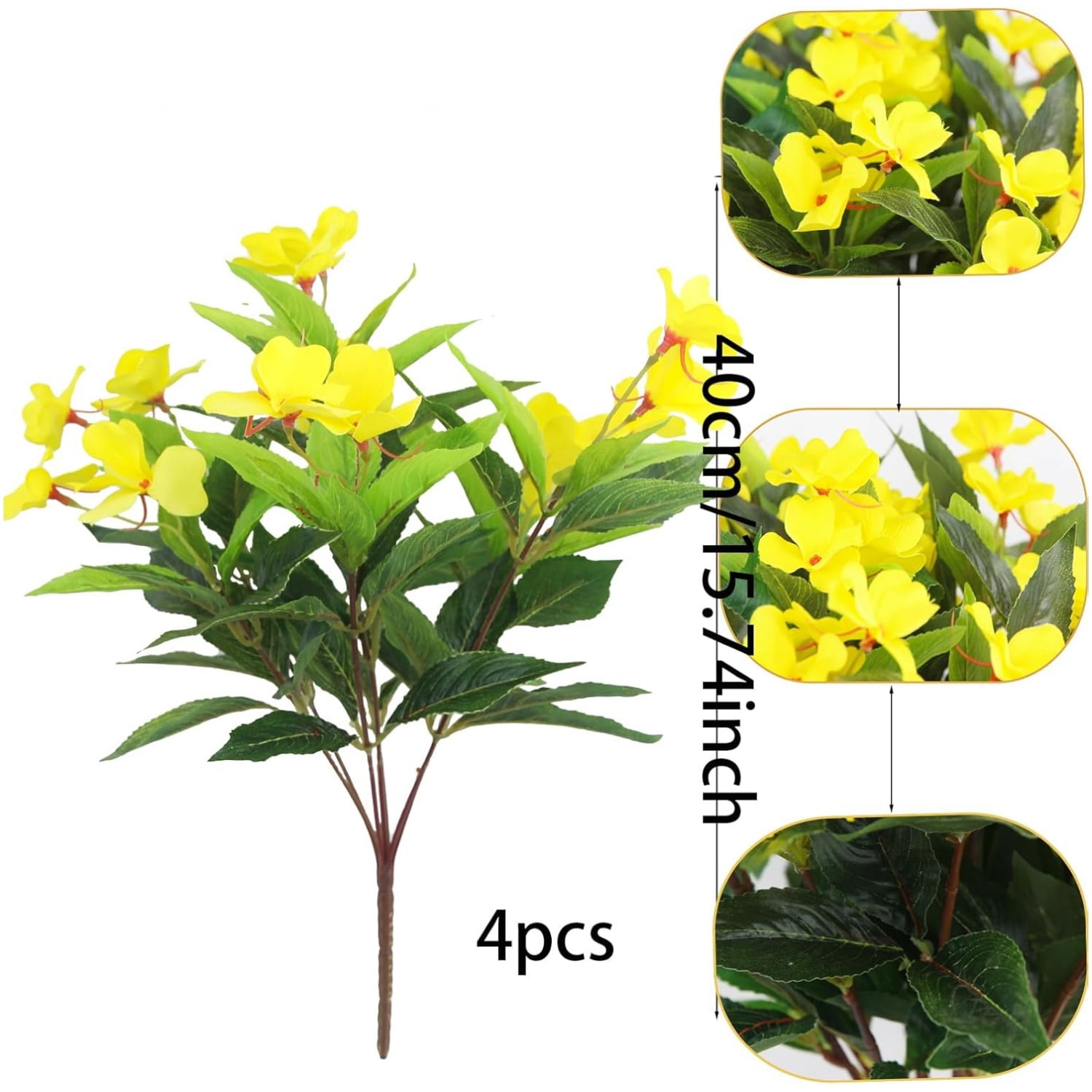 Topboutique Artificial Flower Impatiens 4 Pcs 7 Branches Silk Balsam Bouquet Flowers Fake Flowers Greenery for Balcony Garden Bonsai Decoration (Yellow)