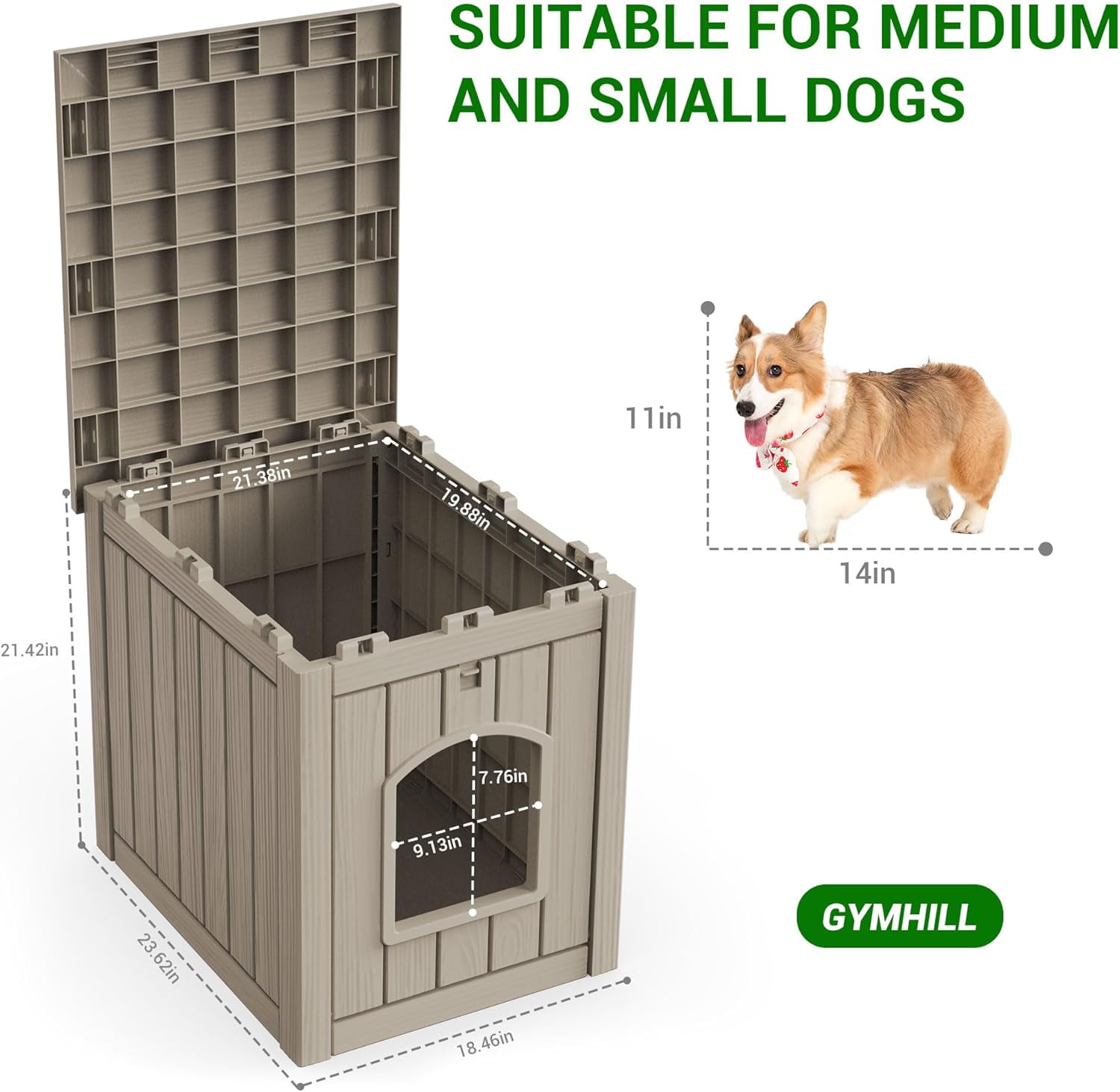 Outdoor Indoor Dog House,Resin Material Ventilate Waterproof Added to The Bottom,Multi-Functional Pet House for Small to Medium Dog(Grey, Medium)