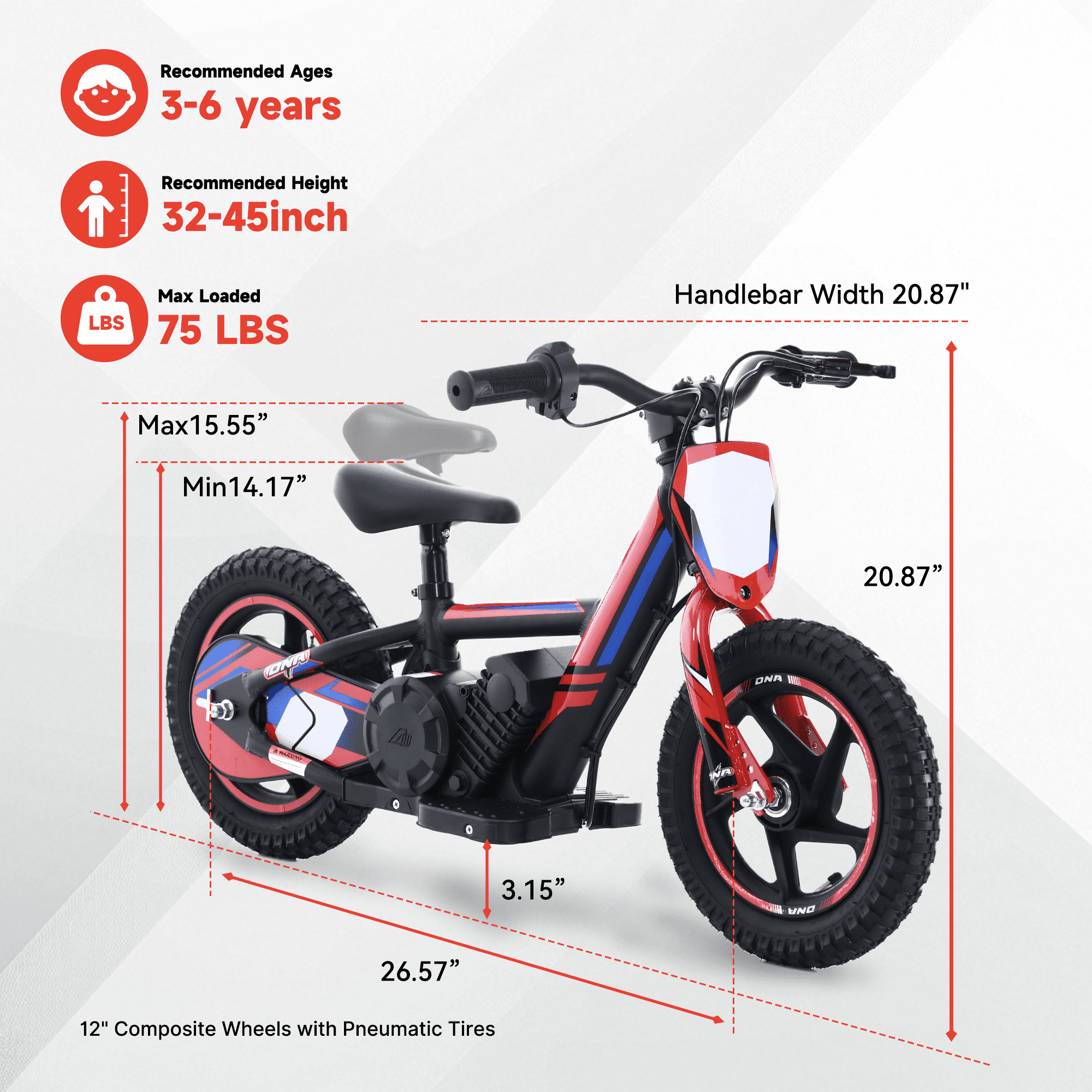 Lightweight Electric Dirt Bike for Kids, 170W Racing Grade Motorcycle for Ages 3-6, Detachable Battery, Safe Speeds up to 10 mph, 12 inch Tires, Red