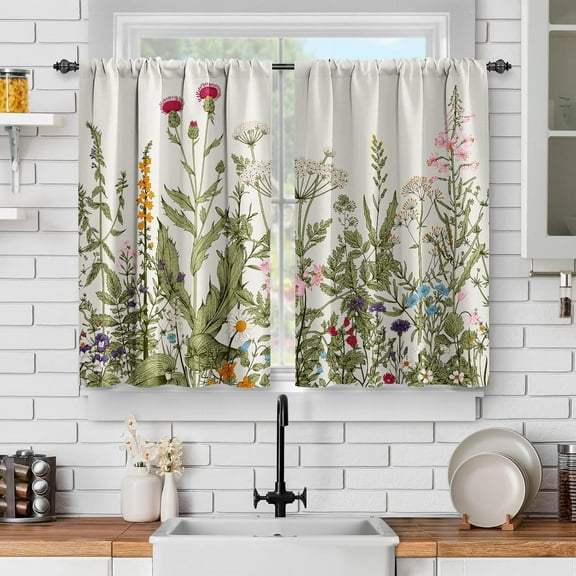Green Plant Floral Kitchen Curtains - Spring Flowers Botanical Butterfly Short Curtains Wildflower Decor Tiers for Home Dining Living Room Rod Pocket Window Drapes 2 Panels Set, 28"x36"