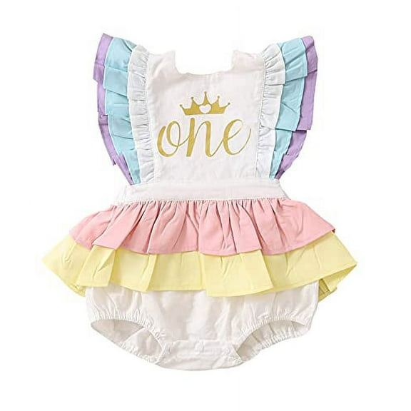 StylesILove Infant Baby Girls Rainbow Ruffle 1st Birthday with Crown Cotton Sleeveless Romper Sunsuit Spring Summer Outfit (18 Months)