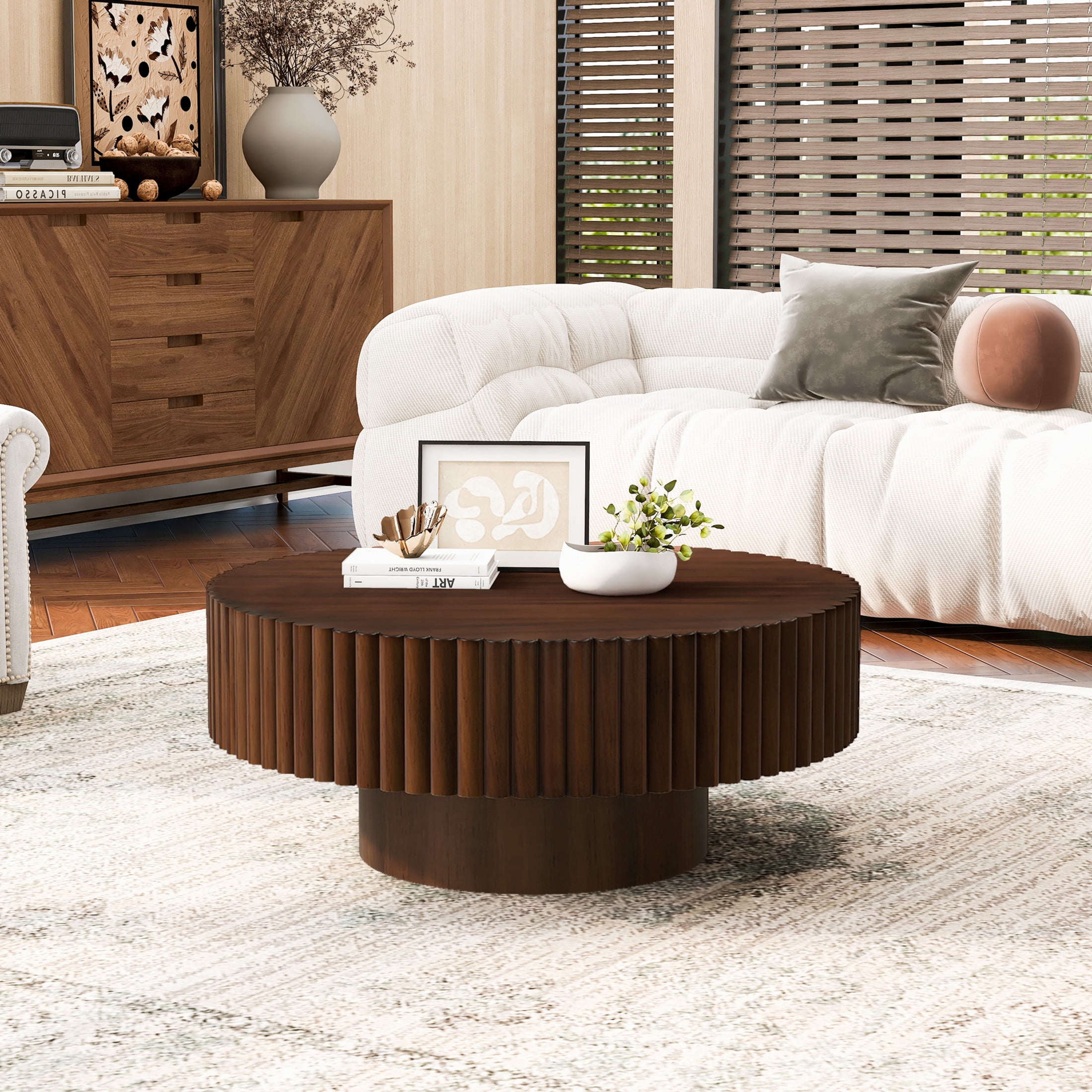 Noble House 31.5" Round Fluted Drum Coffee Table, Solid Wood Modern Center Table for Living Room, Walnut
