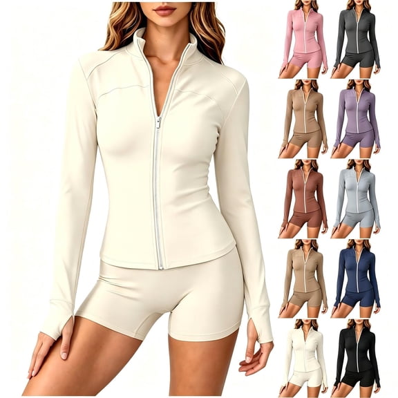 Tqcoqu Women's 2 Piece Workout Outfit,Solid Zip Up Stand Collar Thumb Hole Long Sleeve Yoga Jacket & High Waist Biker Shorts,Beige Women's S-XXL