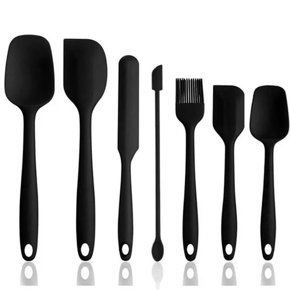 GMZW Silicone Spatula Set, 7 Piece Silicone Pastry Scraper Set - Large & Small T-Spatulas, Scrapers, Oil Brush, Long Scraper，Small Makeup Scrapers - Non-Stick, Heat Resistant, Dishwasher Safe (Black)