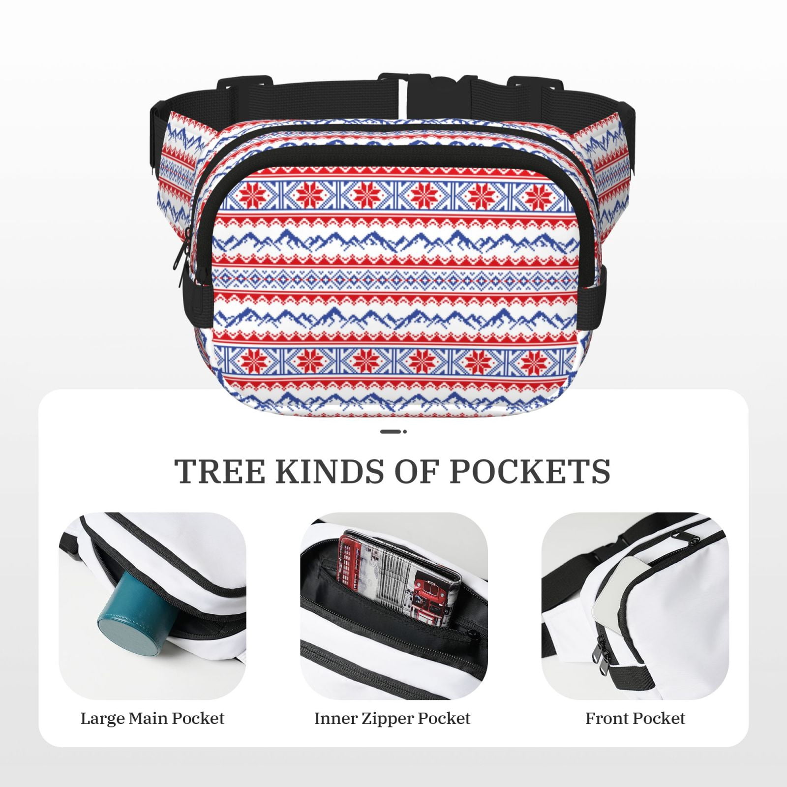 Picia red blue Snow Mountain Print Square Double-Layer Waist Bag Mini Adjustable Waist Belt Bag Exercise Running Travel Hiking