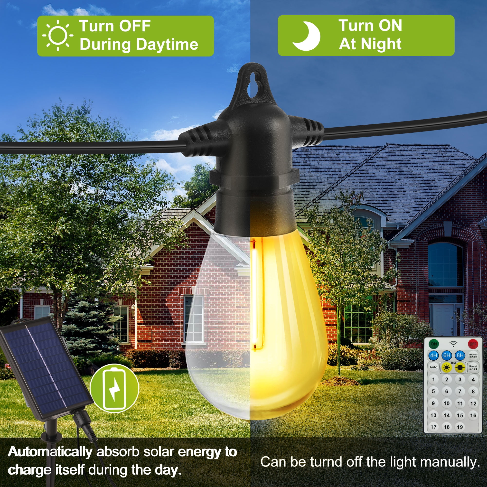 60FT Solar Powered LED Outdoor String Lights,3 Color Changing Patio Lights, for Backyard Garden Patio Pergola Gazebo Bistro Bedroom Christmas Wedding Party