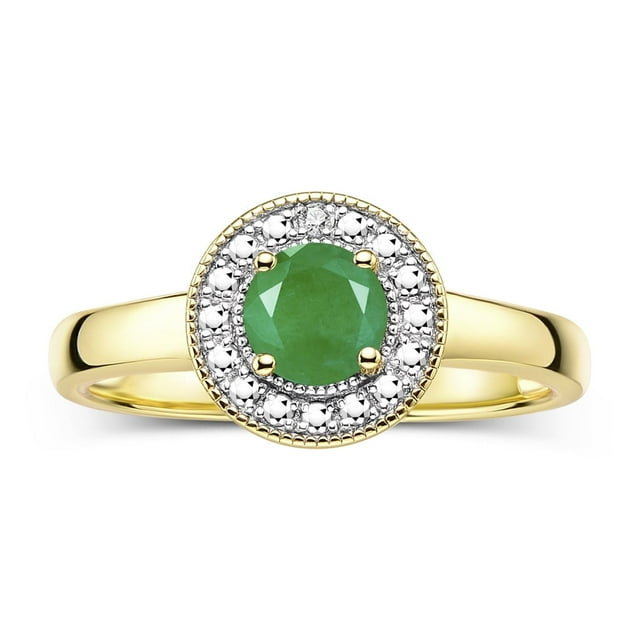 RYLOS Rings for Women 14K Yellow Gold Halo Ring with Round 4MM Gemstone & Diamonds May Emerald Jewelry Size 7