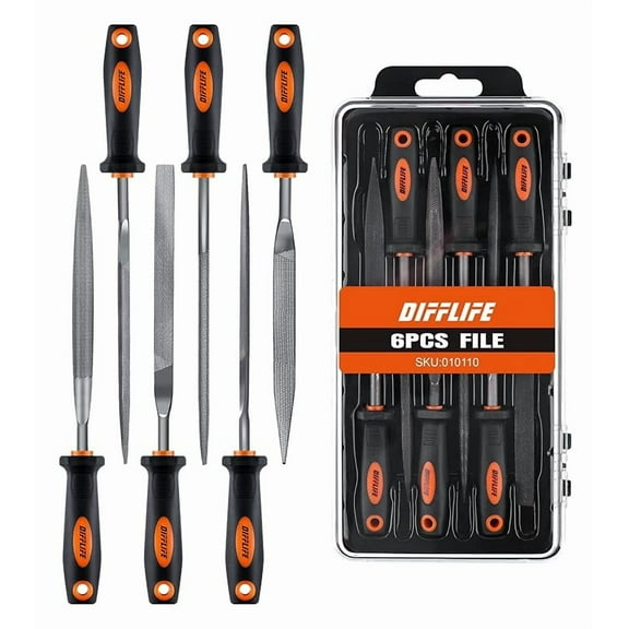 DIFFLIFE 7'' Needle File Set - Carbon Steel 6-Piece With Handles, Hardened Alloy Strength Steel - Includes Flat, Flat Warding, Square, Triangular, Round, and Half-Round Files