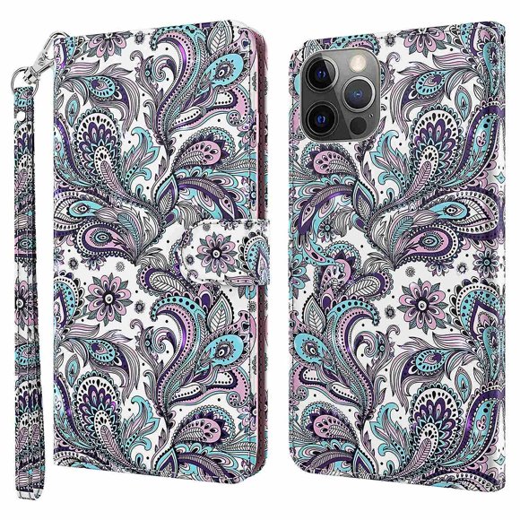 Wallet Case For iPhone 15 Pro,3D Pattern Printing PU Leather Stand Phone Cover with Strap
