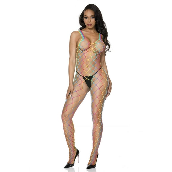 Music Legs Women's Rainbow large diamond net crotchless bodystocking with V neckline and wide straps 1210-RAINBOW