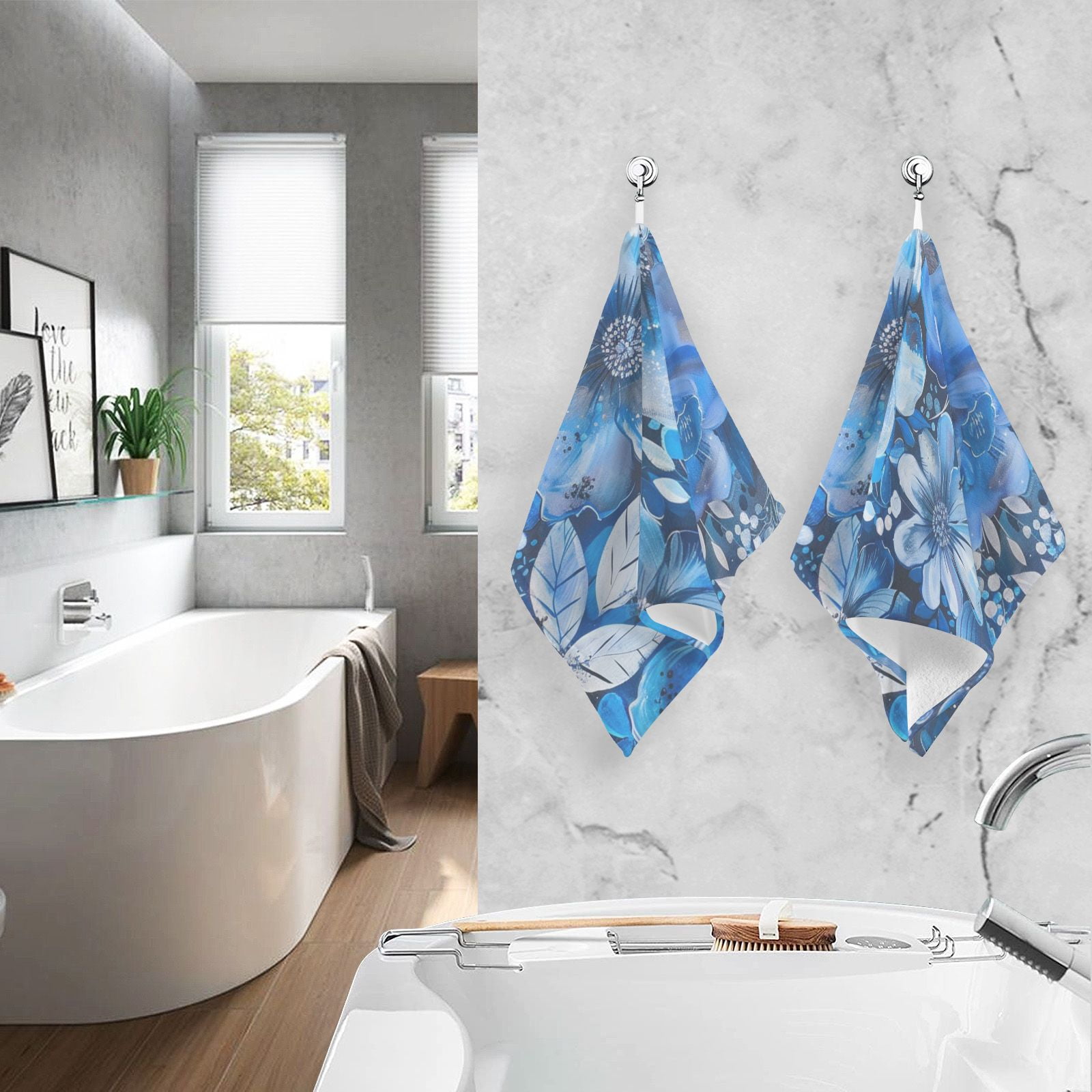 Blue Floral Flowers Hand Towels Cotton Bath Towels Large Face Towels Absorbent for Bathroom 2 Packs