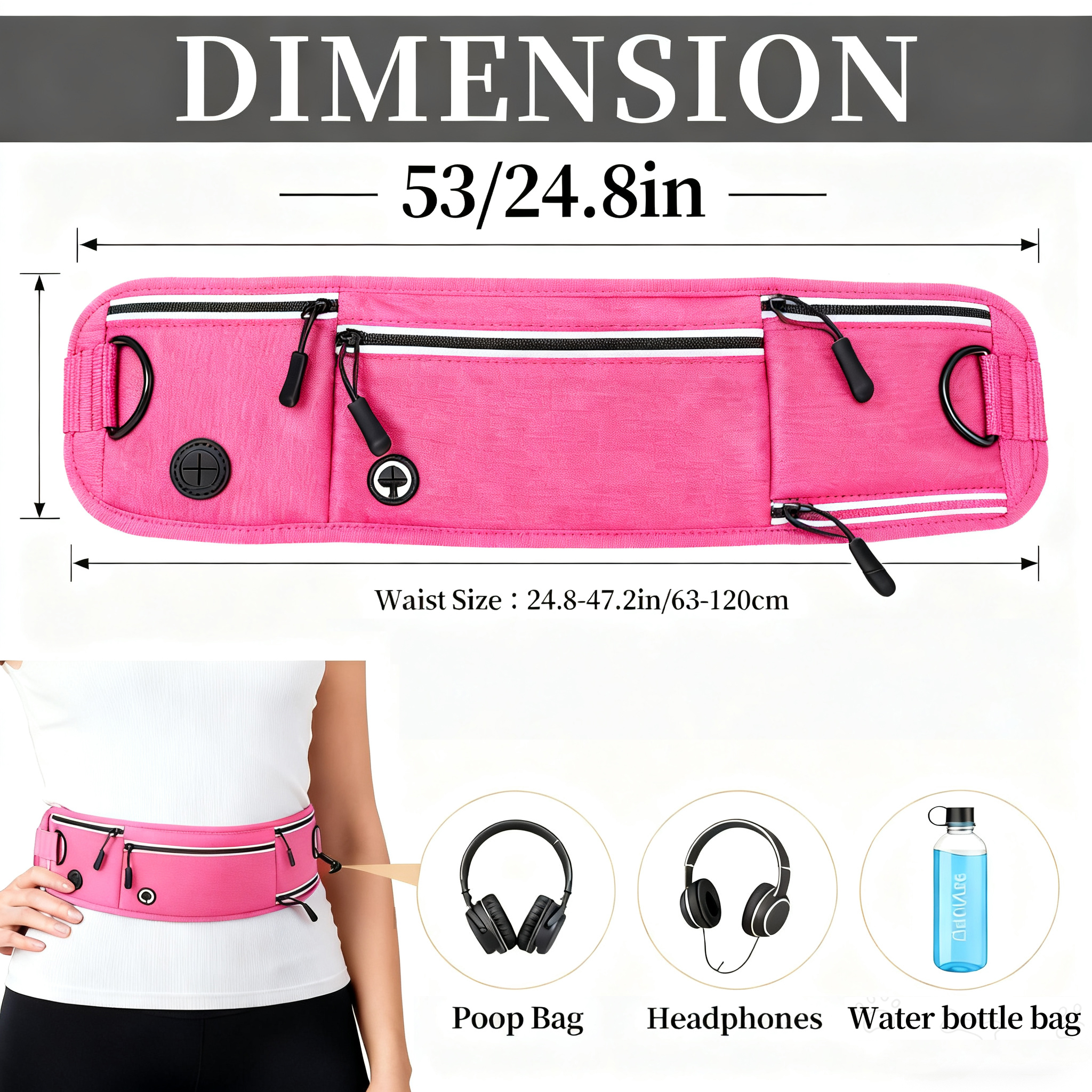 Pink Waist Dog Leash Hands Free Dog Leash, Waist Running Leash with Zipper, Walking Pouch for Dog Walking, Bungee Retractable Running for Medium to Large Dogs